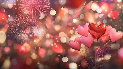 Colorful heart shaped balloons with fireworks in background create festive atmosphere