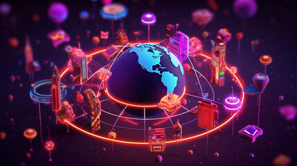 A glowing blue light shines on a globe surrounded by colorful flowers blooming on a dark blue background. Green hills floral flowers lansdcape cut out