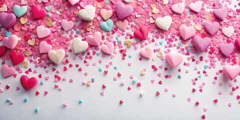 Colorful pink hearts scattered on a white background with confetti overlay, Valentine's Day