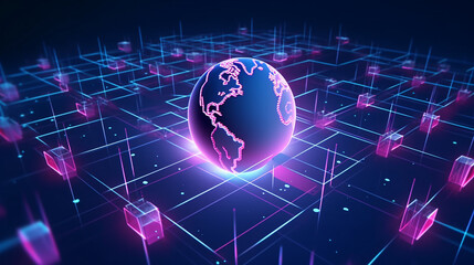 A glowing blue light shines on a globe surrounded by colorful flowers blooming on a dark blue background. Green hills floral flowers lansdcape cut out