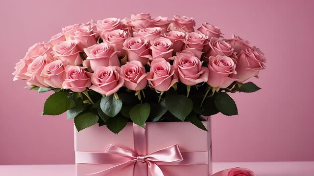charming flower bouquet pink roses arranged in vase paired with gift box special occasions like weddings or Mother’s Day