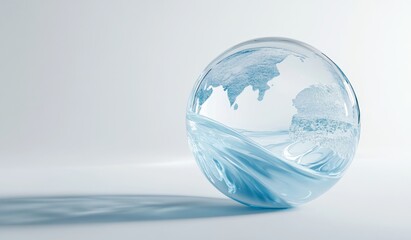 Glass globe with icy continents and swirling liquid inside.
