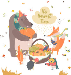 Cute animals harvesting. Hello autumn. Vector greeting card