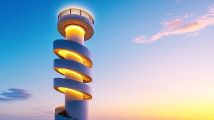Spiral Tower with Warm Lights and Sunset Sky in Vibrant Colors