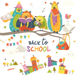 Funny owls on the autumn tree. Back to school. Vector illustration