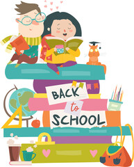 Boy and girl sitting on piles of books. Back to school. Vector illustration