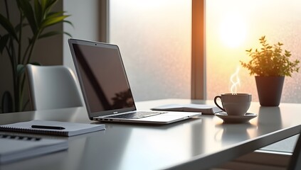 Fototapeta premium A tranquil and modern office workspace set in January, featuring minimalist decor, glowing lights, and winter views like snow-covered landscapes or frosted windows. The serene atmosphere inspires prod