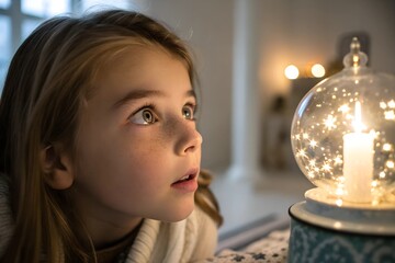 Fototapeta premium Girl staring wide-eyed at a glowing lamp