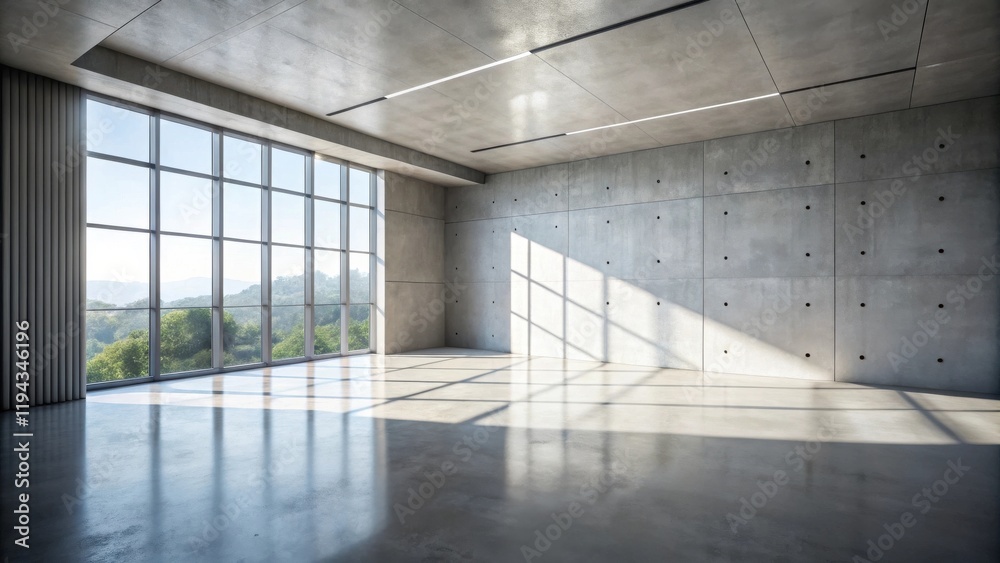 Aufkleber sunlit modern empty room with large window and concrete walls