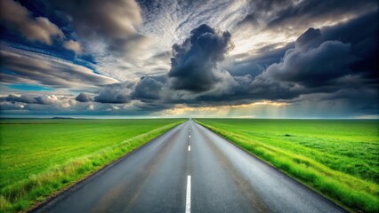Fototapeta premium Asphalt road vanishing into a dramatic, sunlit landscape under a stormy sky