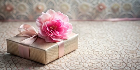 A delicately wrapped gift, adorned with a soft pink flower, rests on an ornate surface