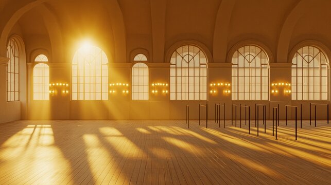 Sunlit Hall with Arched Windows and Wooden Flooring, Ideal for Events or Gatherings