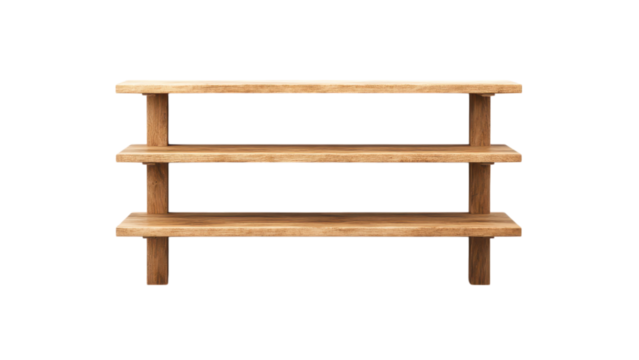 Blank wooden shelf concept. Wooden shelving unit with three horizontal tiers on transparent background.