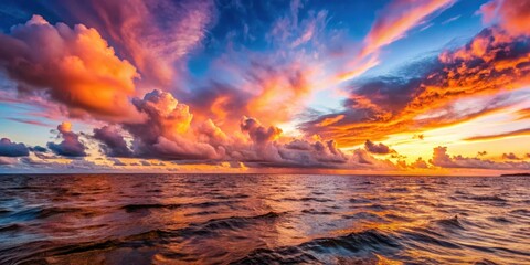 Fototapeta premium Fiery Sunset Hues Paint the Ocean Waves with Dramatic Colors, a Breathtaking Celestial Display