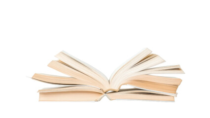 Blank wooden shelf concept. Open book with pages fanned out on transparent background.