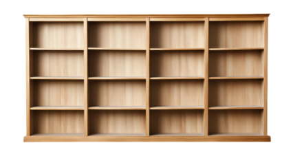 Blank wooden shelf concept. Wooden bookshelf with multiple empty shelves on transparent background.