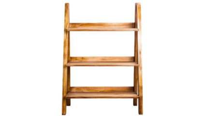 Blank wooden shelf concept. Wooden ladder shelf with three open tiers on transparent background.