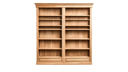 Blank wooden shelf concept. Wooden bookshelf with multiple shelves on transparent background.