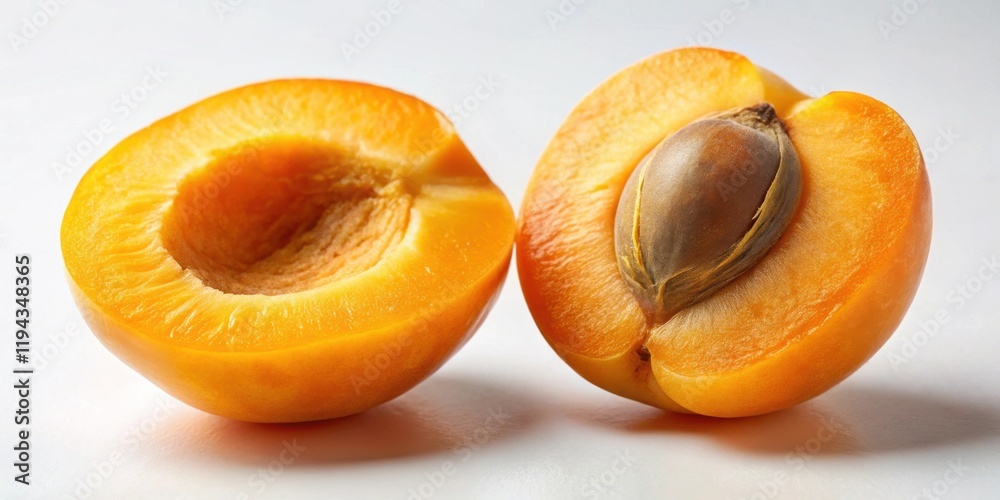 Poster close-up view of two halved apricots showcasing vibrant orange flesh and a single seed