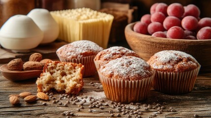 Rustic Arrangement of Freshly Baked Muffins Surrounded by Ingredients on Wooden Table