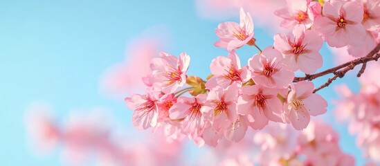 Cherry Blossom Branch Close Up Pink Flowers Against Blue Sky Spring Bloom with Space for Text Nature Background for Seasonal Themes