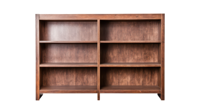 Blank wooden shelf concept. Wooden bookshelf with multiple open shelves on transparent background.