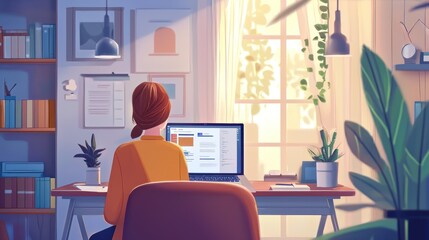 Serene Home Office: Woman Working on Laptop in Sunlit Room