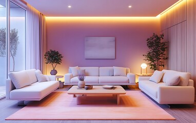 Modern living room interior design, evening ambiance, apartment, relaxation
