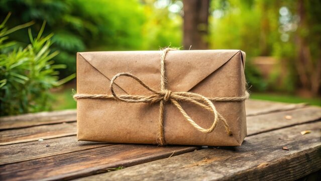 brown paper parcel tied with string in rustic outdoor setting, postal service