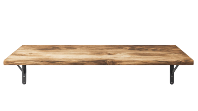 Blank wooden shelf concept. Wooden table with a rustic design and metal supports on transparent background.