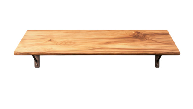 Blank wooden shelf concept. Wooden tabletop with unique grain and metal legs on transparent background.