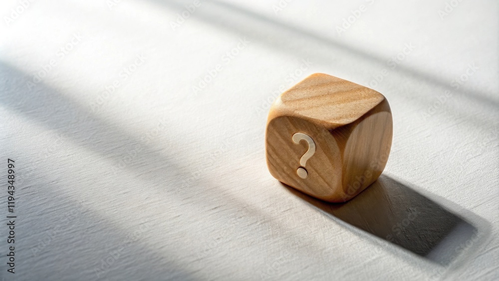 Poster wooden cube with question mark in sunlight on a surface