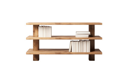 Blank wooden shelf concept. Wooden shelf displaying neatly arranged books on transparent background