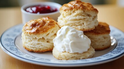 Delicious Freshly Baked Scones Served with Cream and Raspberry Jam on a Decorative Plate
