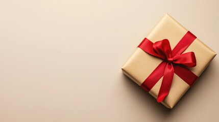 Obraz premium Elegant gift box with red ribbon on a soft neutral background ideal for holiday or celebration themes with ample space for text or design.