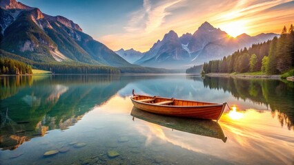 Obraz premium Alpine lake with wooden boat and mountains in the background at sunrise, outdoors, lake scene, outdoors