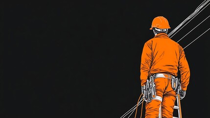 Professional electrician in an orange uniform carefully fixing wires while standing on a ladder, ensuring safety and efficiency in electrical work at height.