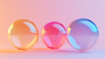 Three vibrant glass spheres on pink background.