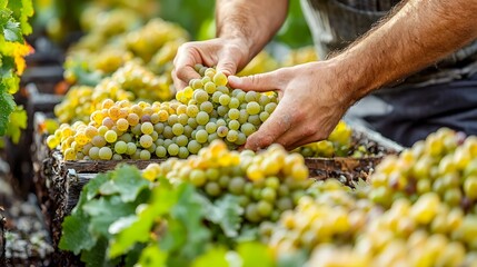 Grapes being manually harvested from the vine in an autumnal vineyard setting  Worker s hands carefully picking bunches of ripe yellow green grapes during the fall grape harvest season