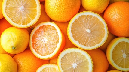 Fototapeta premium Freshly sliced and whole lemons and oranges arranged beautifully for a vibrant fruit display