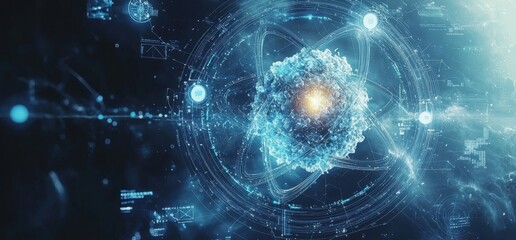 Fototapeta premium Futuristic digital background with glowing atom and data elements