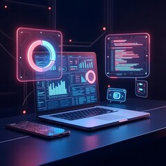 A futuristic digital workspace featuring a laptop at the center, surrounded by floating holographic screens displaying data charts and coding interfaces.