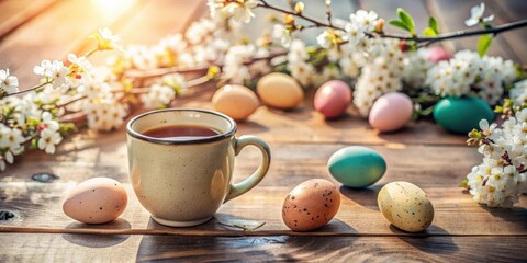Warm beverage and painted eggs on rustic wooden surface with spring blossoms