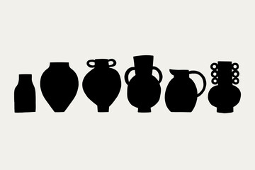 Set Greek Organic Ceramic Minimalist Vases Black Silhouette. Pottery Shape Collection Decor Elements. Vector Illustration