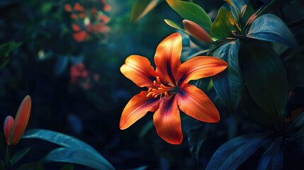 Fototapeta premium Vibrant Orange Lily Blooming Amidst Lush Green Garden Foliage in Soft Natural Light
