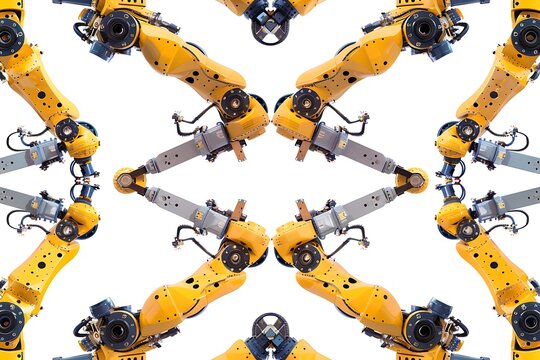 A kaleidoscopic image showcases multiple yellow robotic arms, highlighting their intricate mechanical design and precision engineering. The symmetrical arrangement emphasizes industrial automation and