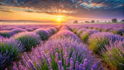 Serene Sunrise Over a Vast Lavender Field, Bathed in Golden Light, Rows of Purple Blossoms Stretching to the Horizon, a Misty Morning Scene