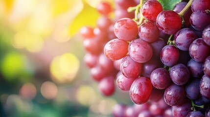 Juicy red grapes hanging in a garden setting with soft sunlight creating a vibrant and inviting atmosphere