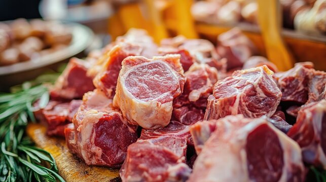 Farm-fresh goat meat displayed on a wooden surface highlighting its quality and texture in a rustic market setting