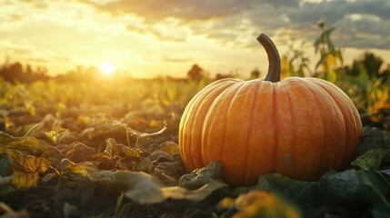 Vibrant sunset over pumpkin patch featuring a large orange pumpkin nestled among green vines and leaves in a serene harvest setting